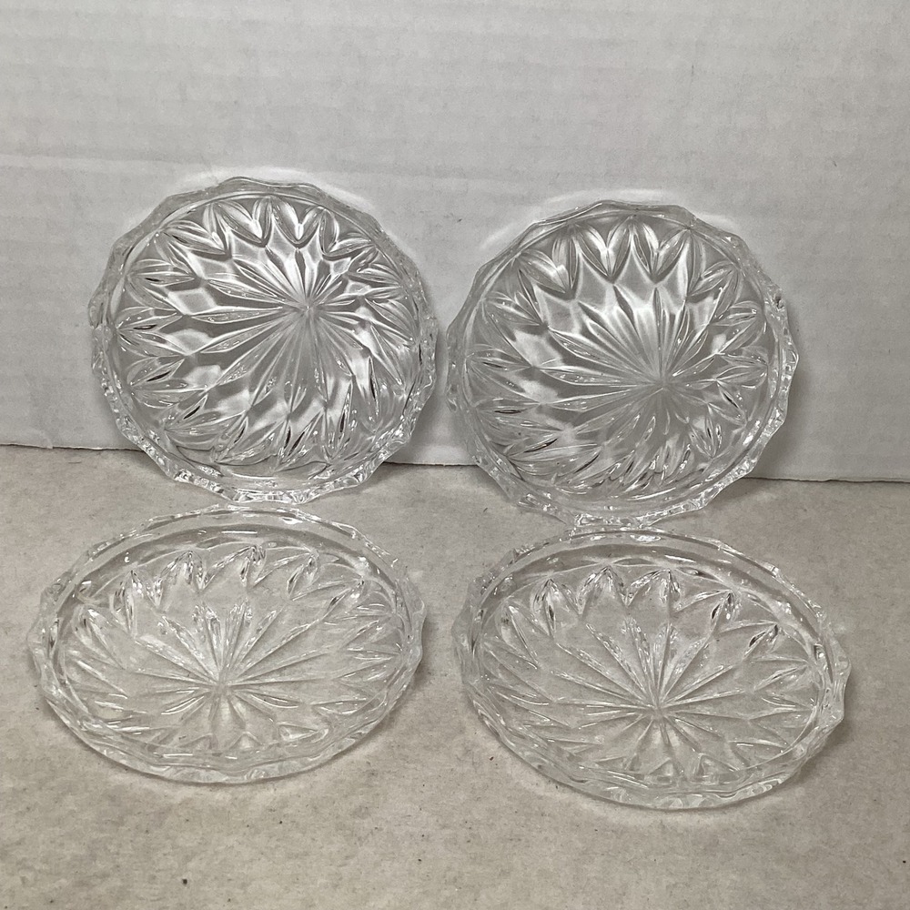 Vintage Clear Cut Glass Coasters Set of 4 Starburst Scalloped Edge approx 3.5 in